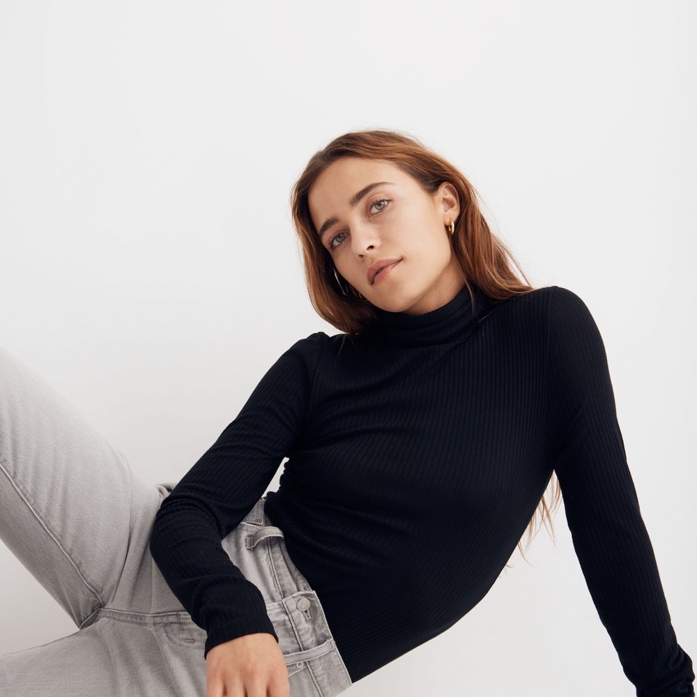 EUC Madewell Ribbed Mockneck Short Sleeve Top Black XXS Customer Return Sold Out